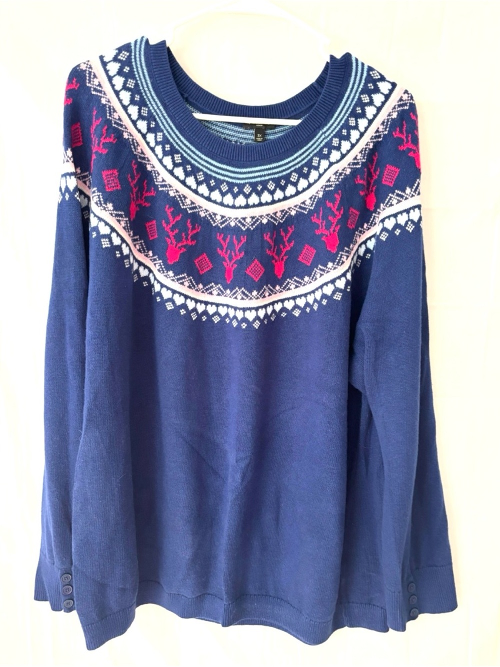 NWOT Talbots Blue Pink Reindeer-Print Fair Isle Cotton Cashmere Sweater SZ 3X